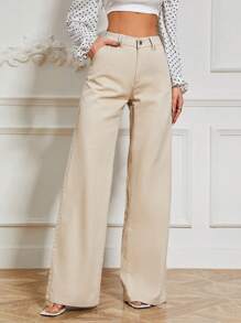 SHEIN Privé 素色闊腿牛仔褲 - 卡其色 - 查看 4
