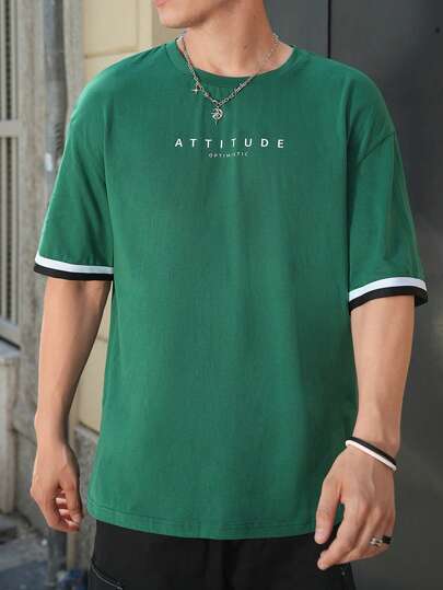 Guys Letter Graphic Striped Trim Drop Shoulder Tee