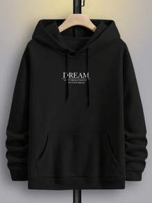 Manfinity Roghcode 宽松男士标语印花抽绳连帽衫，秋季款，长袖上衣 - 黑色 - 查看 2