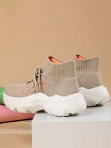 de mujeres casual moda Zapatillas deportivas con Calcetines - Caqui - Ver 3