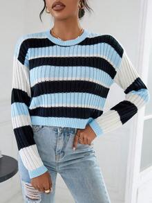 SHEIN Essnce Mẫu sọc Thả vai Áo len - Nhiều màu - Xem 3