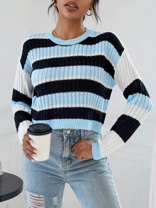SHEIN Essnce Mẫu sọc Thả vai Áo len - Nhiều màu - Xem 4