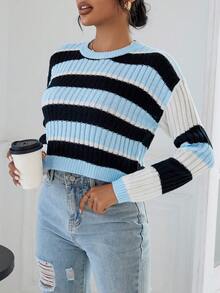 SHEIN Essnce Mẫu sọc Thả vai Áo len - Nhiều màu - Xem 6