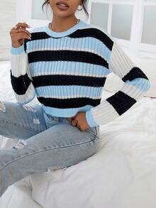 SHEIN Essnce Mẫu sọc Thả vai Áo len - Nhiều màu - Xem 7