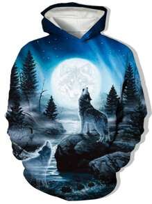 GENTILAND 男士大码3D狼印花袋鼠口袋連帽衫 - 彩色 - 查看 3