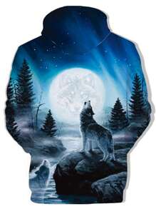 GENTILAND 男士大码3D狼印花袋鼠口袋連帽衫 - 彩色 - 查看 4