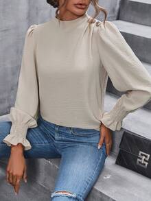 SHEIN Frenchy Mock Neck Flounce Sleeve Blouse - Apricot - View 4