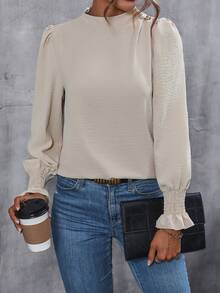 SHEIN Frenchy Mock Neck Flounce Sleeve Blouse - Apricot - View 5