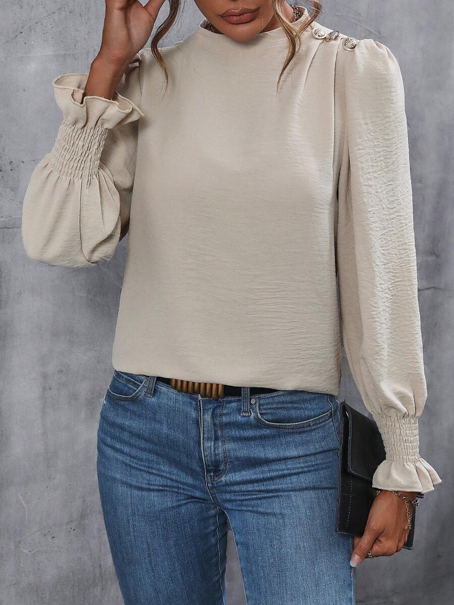 SHEIN Frenchy Mock Neck Flounce Sleeve Blouse - Apricot - View 1