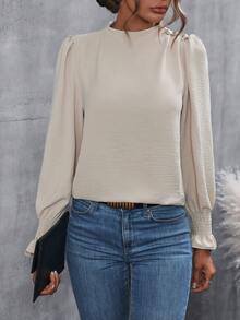 SHEIN Frenchy Mock Neck Flounce Sleeve Blouse - Apricot - View 3