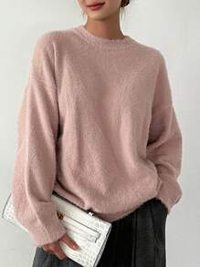 DAZY Chất rắn Thả vai Áo len - Hồng - Xem 2