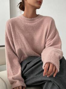 DAZY Chất rắn Thả vai Áo len - Hồng - Xem 3