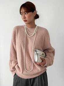 DAZY Chất rắn Thả vai Áo len - Hồng - Xem 8