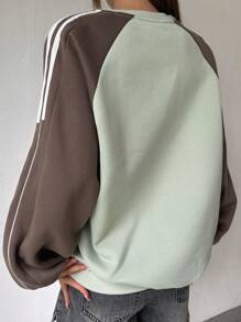 DAZY 拼色對比邊條套頭衫,縫肩紗袖衛衣 - 棕色 - 查看 2