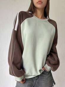 DAZY 拼色對比邊條套頭衫,縫肩紗袖衛衣 - 棕色 - 查看 7