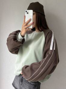 DAZY 拼色對比邊條套頭衫,縫肩紗袖衛衣 - 棕色 - 查看 5