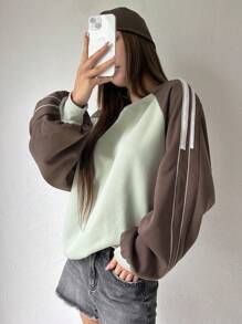 DAZY 拼色對比邊條套頭衫,縫肩紗袖衛衣 - 棕色 - 查看 1