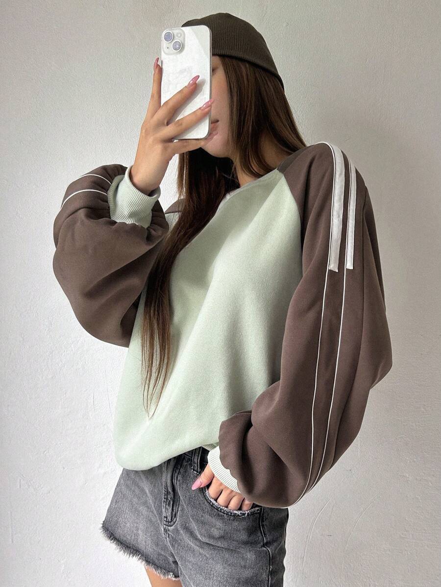 DAZY 拼色對比邊條套頭衫,縫肩紗袖衛衣 - 棕色 - 查看 1