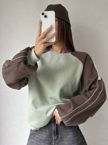 DAZY 拼色對比邊條套頭衫,縫肩紗袖衛衣 - 棕色 - 查看 8