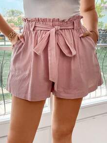 Calvaya 大碼紙袋腰闊腿短褲 - 粉色 - 查看 3