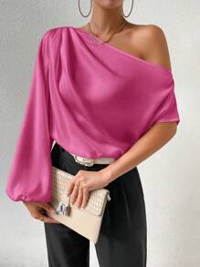 SHEIN Clasi 不對稱領燈籠袖緞面襯衫