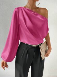 SHEIN Clasi 不對稱領燈籠袖緞面襯衫