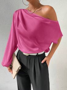 SHEIN Clasi 不對稱領燈籠袖緞面襯衫