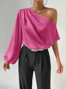 SHEIN Clasi 不對稱領燈籠袖緞面襯衫