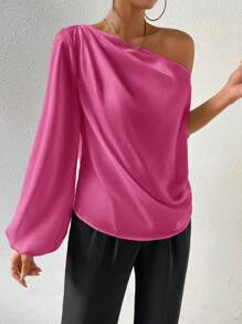 SHEIN Clasi 不對稱領燈籠袖緞面襯衫