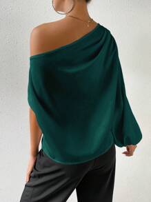 SHEIN Clasi 不对称领口灯笼袖缎面衬衫单肩上衣女士秋季布料 - 綠色 - 查看 2
