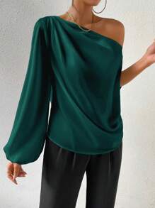 SHEIN Clasi 不对称领口灯笼袖缎面衬衫单肩上衣女士秋季布料 - 綠色 - 查看 3