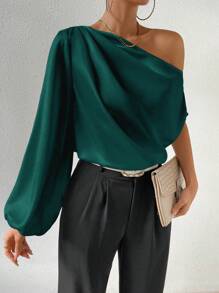 SHEIN Clasi 不对称领口灯笼袖缎面衬衫单肩上衣女士秋季布料 - 綠色 - 查看 4