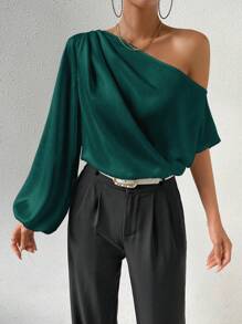 SHEIN Clasi 不对称领口灯笼袖缎面衬衫单肩上衣女士秋季布料 - 綠色 - 查看 5