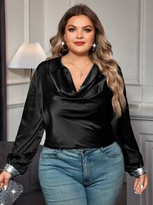 SHEIN Clasi Plus Draped Collar Contrast Sequin Blouse - Black - View 1