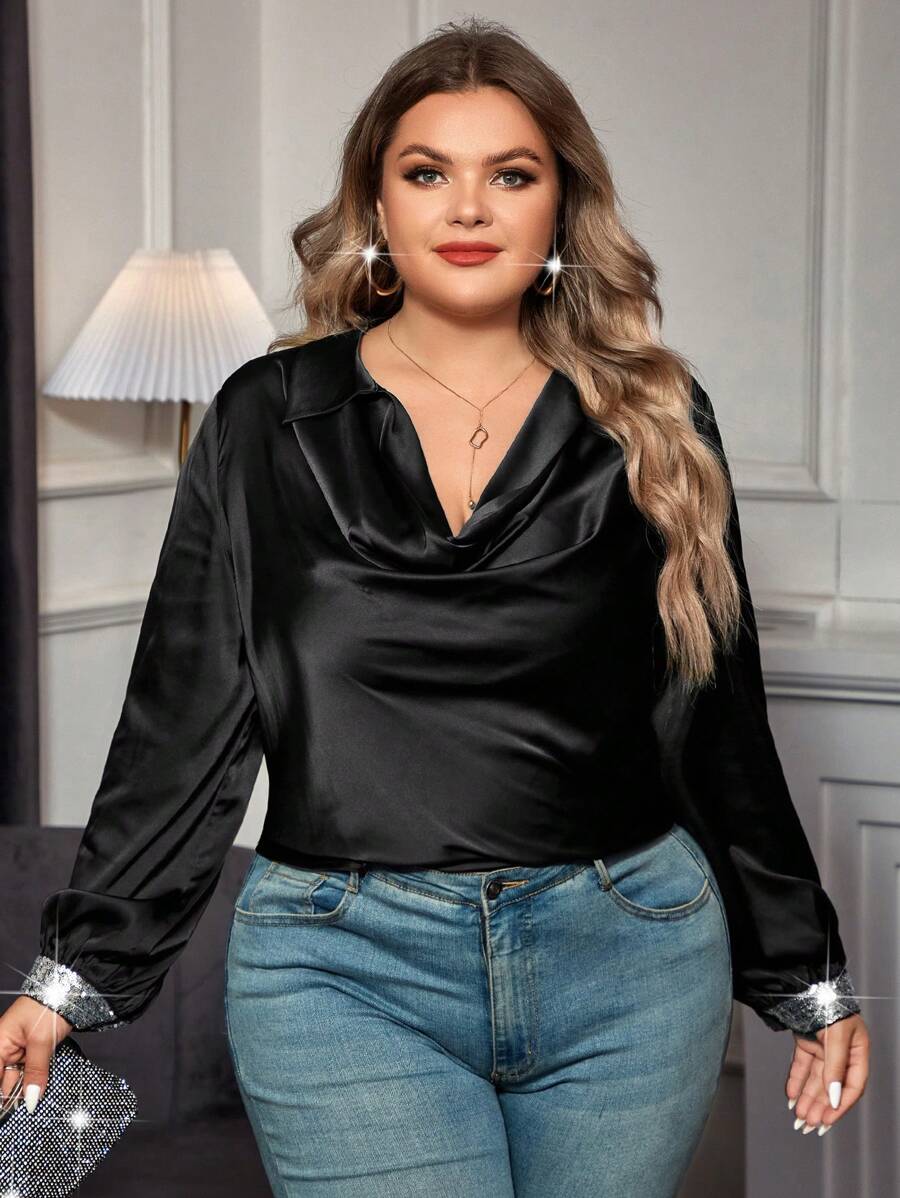 SHEIN Clasi Plus Draped Collar Contrast Sequin Blouse - Black - View 1