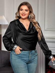SHEIN Clasi Plus Draped Collar Contrast Sequin Blouse - Black - View 3