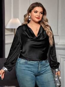 SHEIN Clasi Plus Draped Collar Contrast Sequin Blouse - Black - View 5