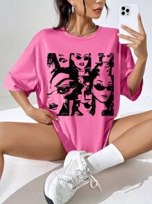 SHEIN EZwear 休闲欧式时尚人物印花超大圆领短袖 T 恤女款，适合夏季，男女通用 - 粉色 - 查看 1