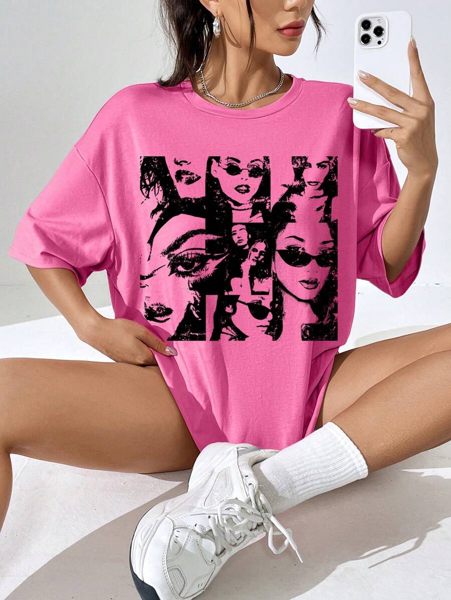 SHEIN EZwear 休闲欧式时尚人物印花超大圆领短袖 T 恤女款，适合夏季，男女通用 - 粉色 - 查看 1