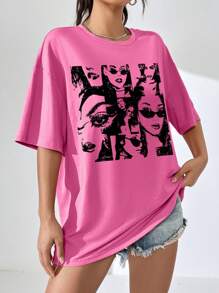SHEIN EZwear 休闲欧式时尚人物印花超大圆领短袖 T 恤女款，适合夏季，男女通用 - 粉色 - 查看 4
