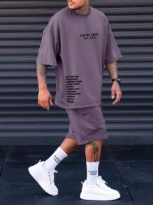Manfinity Homme Men Plus Slogan Graphic Tee & Shorts - Purple - View 4