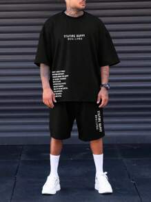 Manfinity Homme Men Plus Slogan Graphic Tee & Shorts - Black - View 3