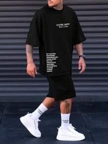 Manfinity Homme Men Plus Slogan Graphic Tee & Shorts - Black - View 4