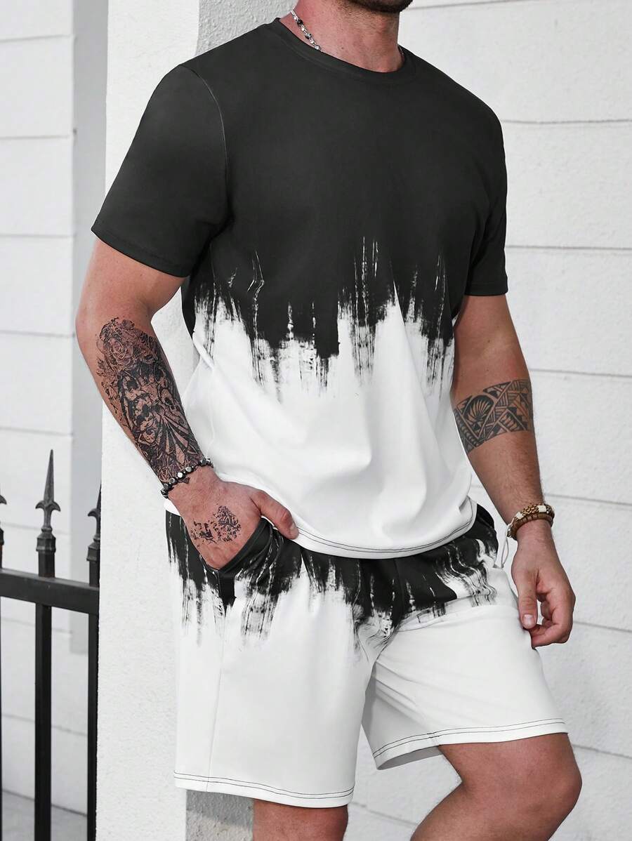 Manfinity Homme Hombres talla grande Shorts con camiseta de dos tonos - Blanco y Negro - Ver 1