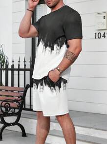 Manfinity Homme Hombres talla grande Shorts con camiseta de dos tonos - Blanco y Negro - Ver 3