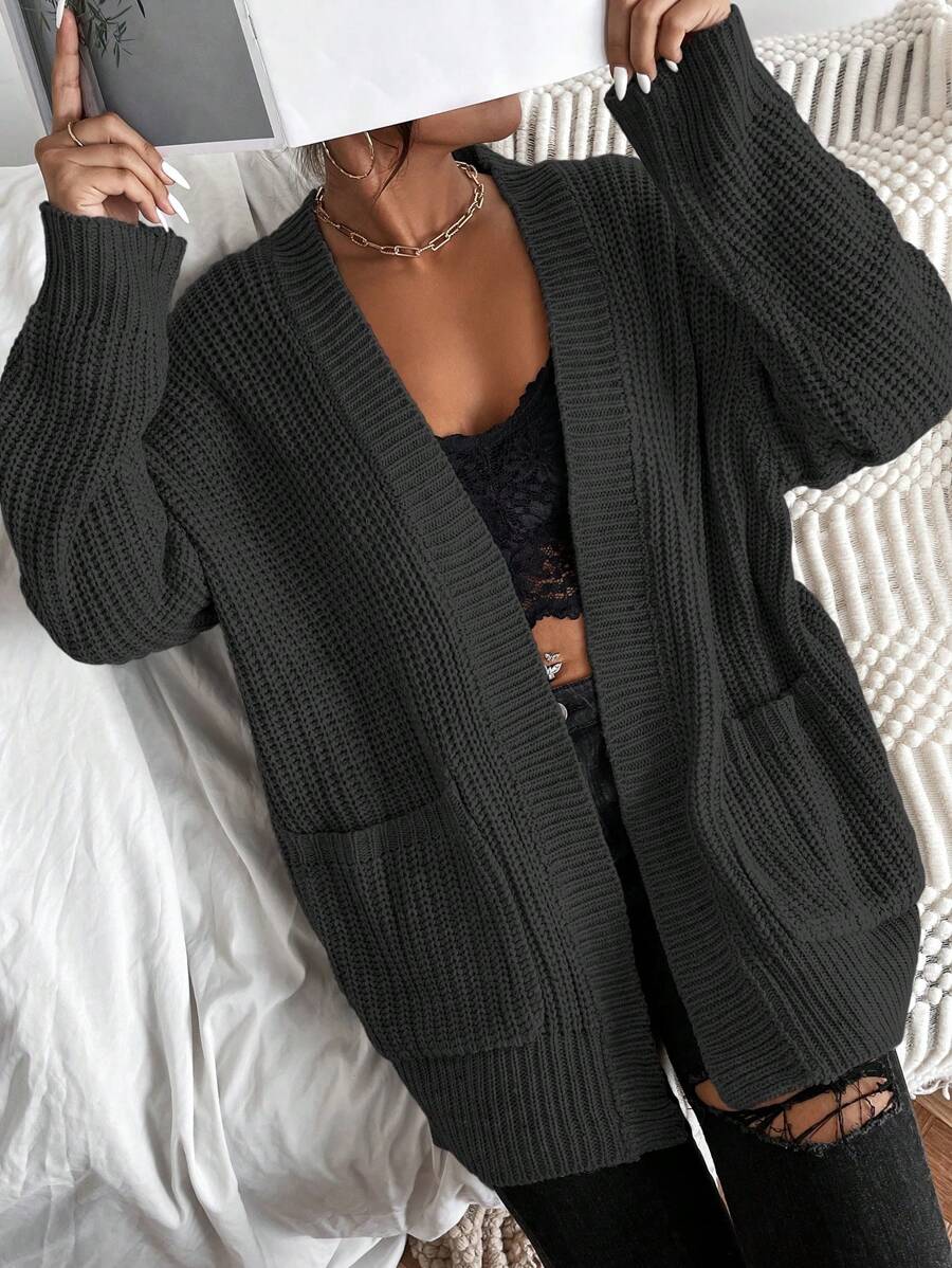 Chiquease 纯色双口袋罗纹针织开衫、长袖上衣 - 深灰色 - 查看 1