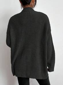 Chiquease 纯色双口袋罗纹针织开衫、长袖上衣 - 深灰色 - 查看 2