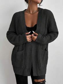 Chiquease 纯色双口袋罗纹针织开衫、长袖上衣 - 深灰色 - 查看 3