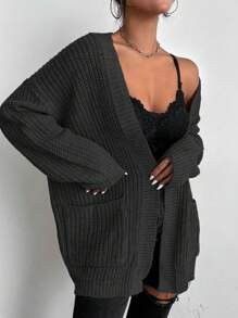 Chiquease 纯色双口袋罗纹针织开衫、长袖上衣 - 深灰色 - 查看 5