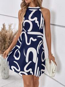 SHEIN LUNE Vestido con estampado de dibujo de cuello halter - Azul y blanco - Ver 1